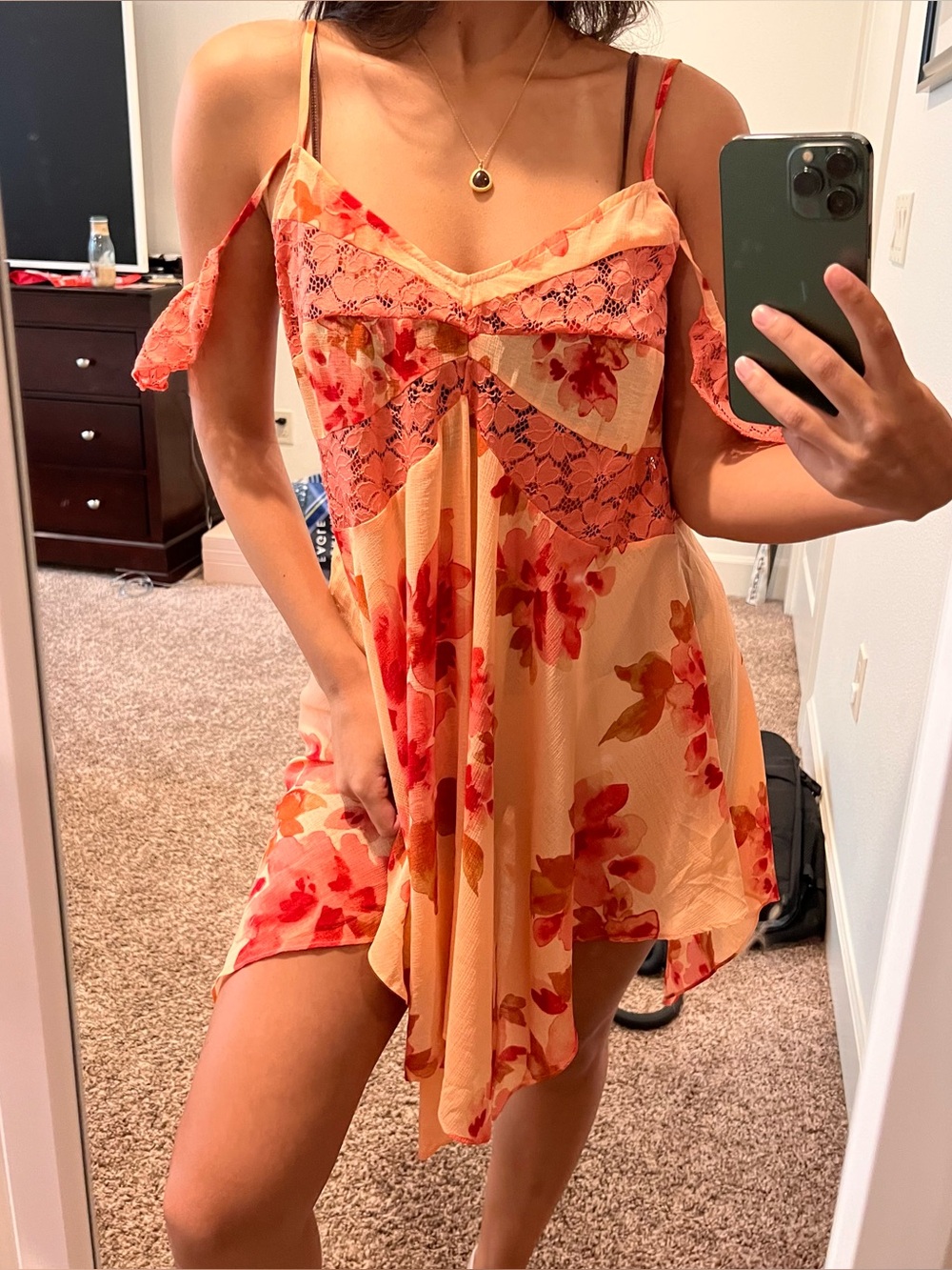 Free People Peach Floral Cold-Shoulder Chemise with Pink Accents